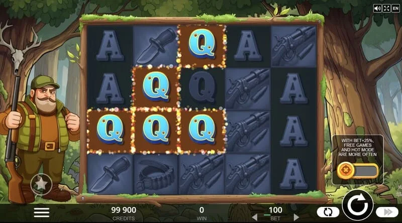 Hunt the Bucks - glavni ekran igre 5x4 sa životinjama iz šume i Coin simbolima